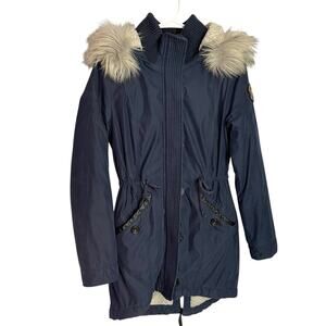 Abercrombie & Fitch Parka Jacket Womens M Navy Sherpa Lined Faux Fur Hood